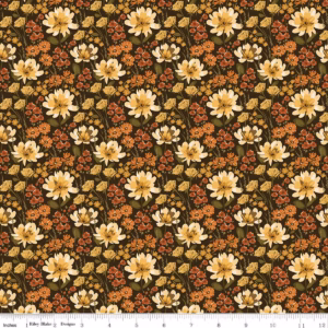 an image of brown fabric with a pattern of tossed small gold, orange, and red flowers