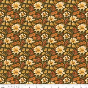an image of olive green fabric with a pattern of tossed small gold, orange, and red flowers