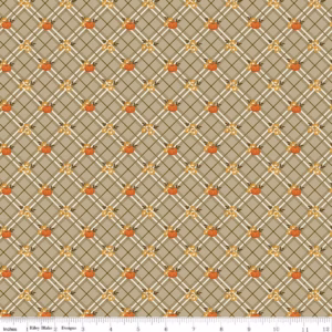 an image of olive colored fabric with a pattern of diagonal plaid and small pumpkins in orange and gold