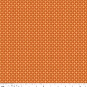 an image of orange fabric with a geometric grid pattern of petals and diamonds