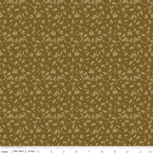 an image of olive green fabric with a pattern of tossed sprigs of leaves