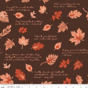 an image of brown fabric with a pattern of tossed fall leaves and handwritten quotes