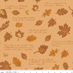 an image of golden brown fabric with a pattern of tossed fall leaves and handwritten quotes