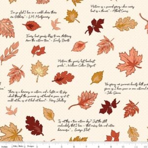 an image of off-white fabric with a pattern of tossed fall leaves and handwritten quotes