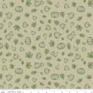 an image of sage green fabric with a pattern of tossed pumpkins and fall leaves