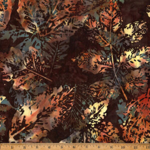 a photo of dark brown fabric with a pattern of light brown and gray leaves