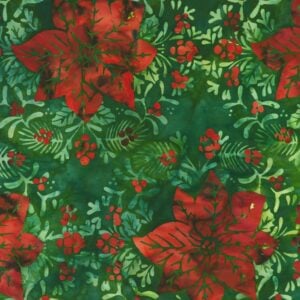 an image of green fabric with a pattern of tossed red poinsettia flowers and green leaves