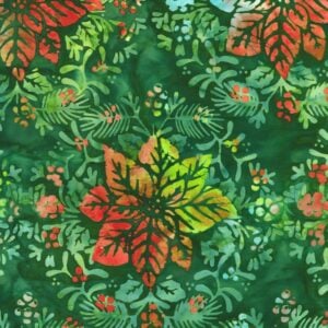 an image of green fabric with a pattern of tossed red and lime green poinsettia flowers and green leaves