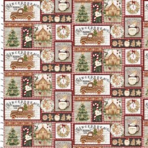 an image of fabric printed with various sizes of squares and rectangles containing holiday-related things like Christmas trees and gingerbread houses