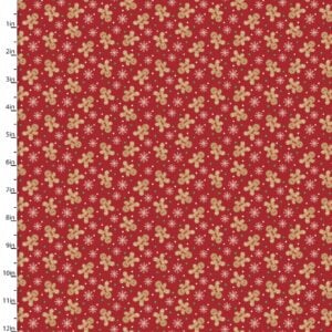 an image of red fabric with a pattern of tossed small gingerbread cookies
