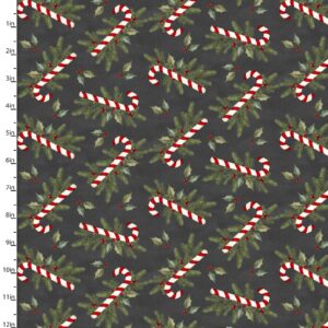 an image of gray fabric with a pattern of tossed red and white candy canes with holly and pine sprigs