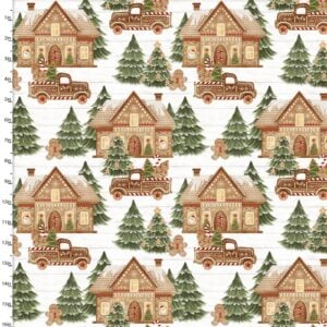 an image of white fabric with gingerbread houses and pine trees