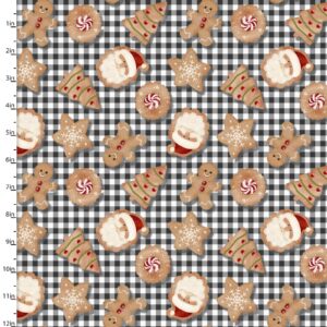 an image of black and white plaid with a pattern of tossed gingerbread cookies