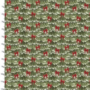 an image of fabric with a directional pattern of overlapping pine trees with red bows on their branches