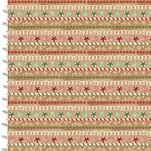 an image of fabric with a pattern of stripes of peppermint candies, frosting, and candy canes
