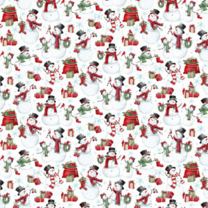 an image of white fabric with a pattern of tossed snowmen wearing hats and scarves