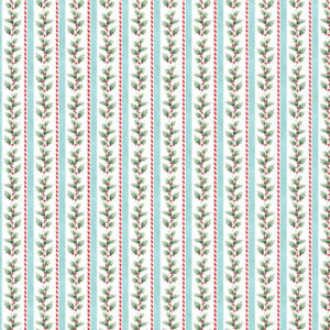 an image of white fabric with stripes of blue, candy cane, and holly.