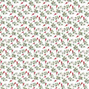 an image of white fabric with a pattern of tossed holly sprigs and red cardinals
