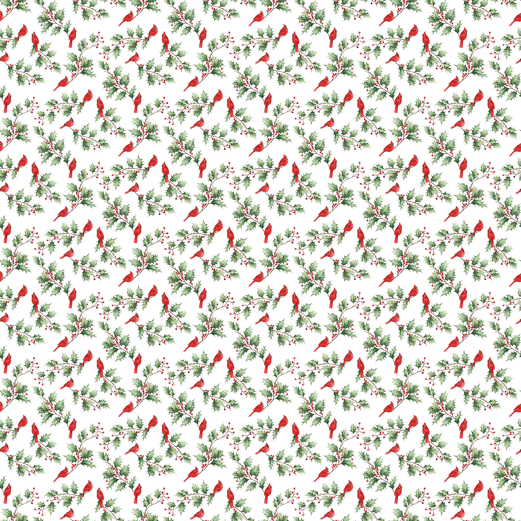 an image of white fabric with a pattern of tossed holly sprigs and red cardinals