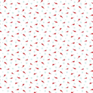 an image of white fabric with an allover print of small red cardinals and light blue snowflakes