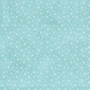 an image of turquoise fabric with a pattern of tossed white snowflakes