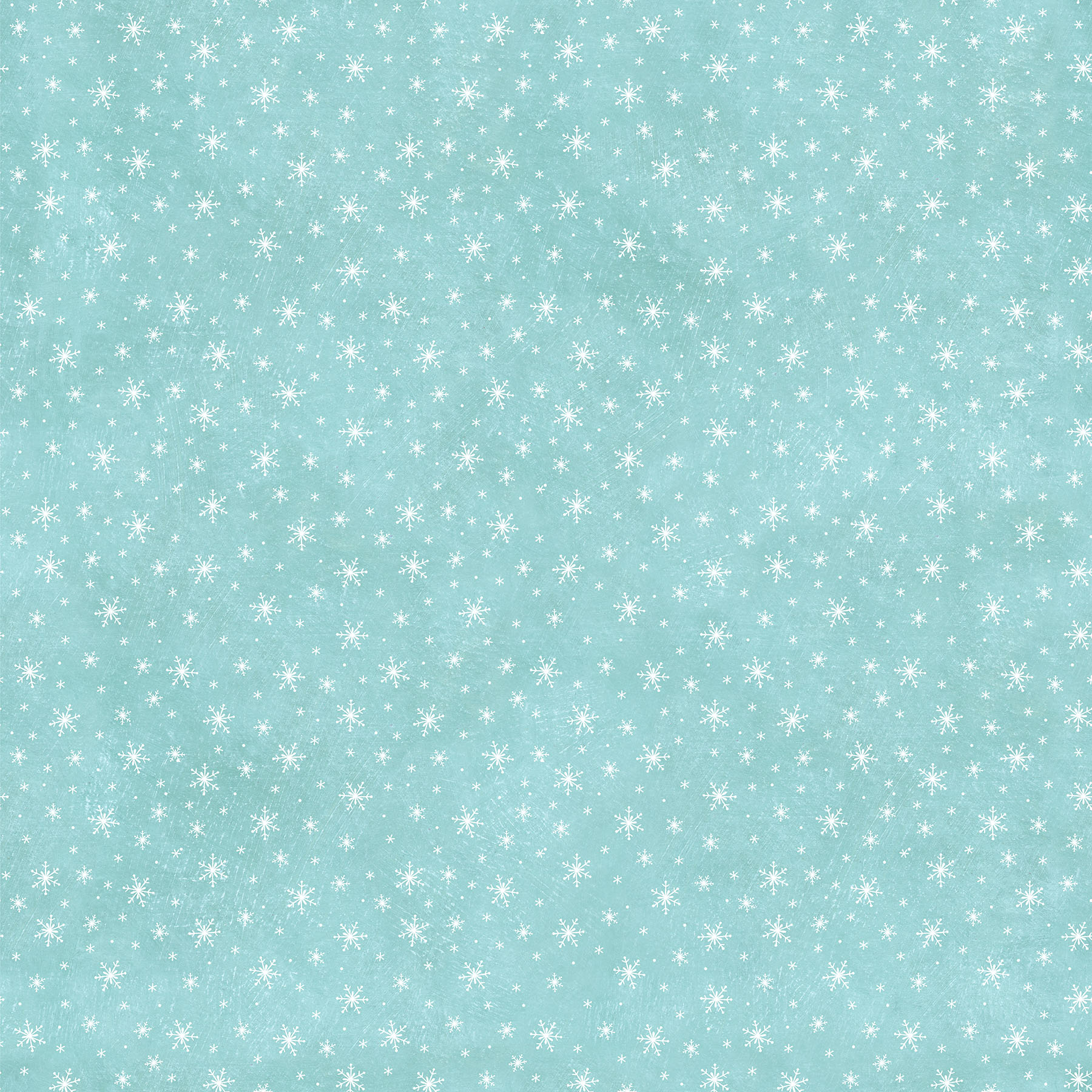 an image of turquoise fabric with a pattern of tossed white snowflakes