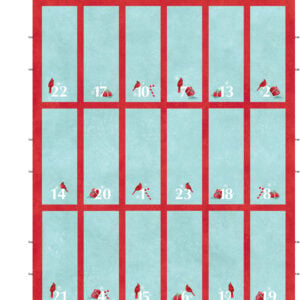 an image of a rectangular panel of fabric printed with a red grid with numbers 1 to 24, to be made into a fabric advent calendar