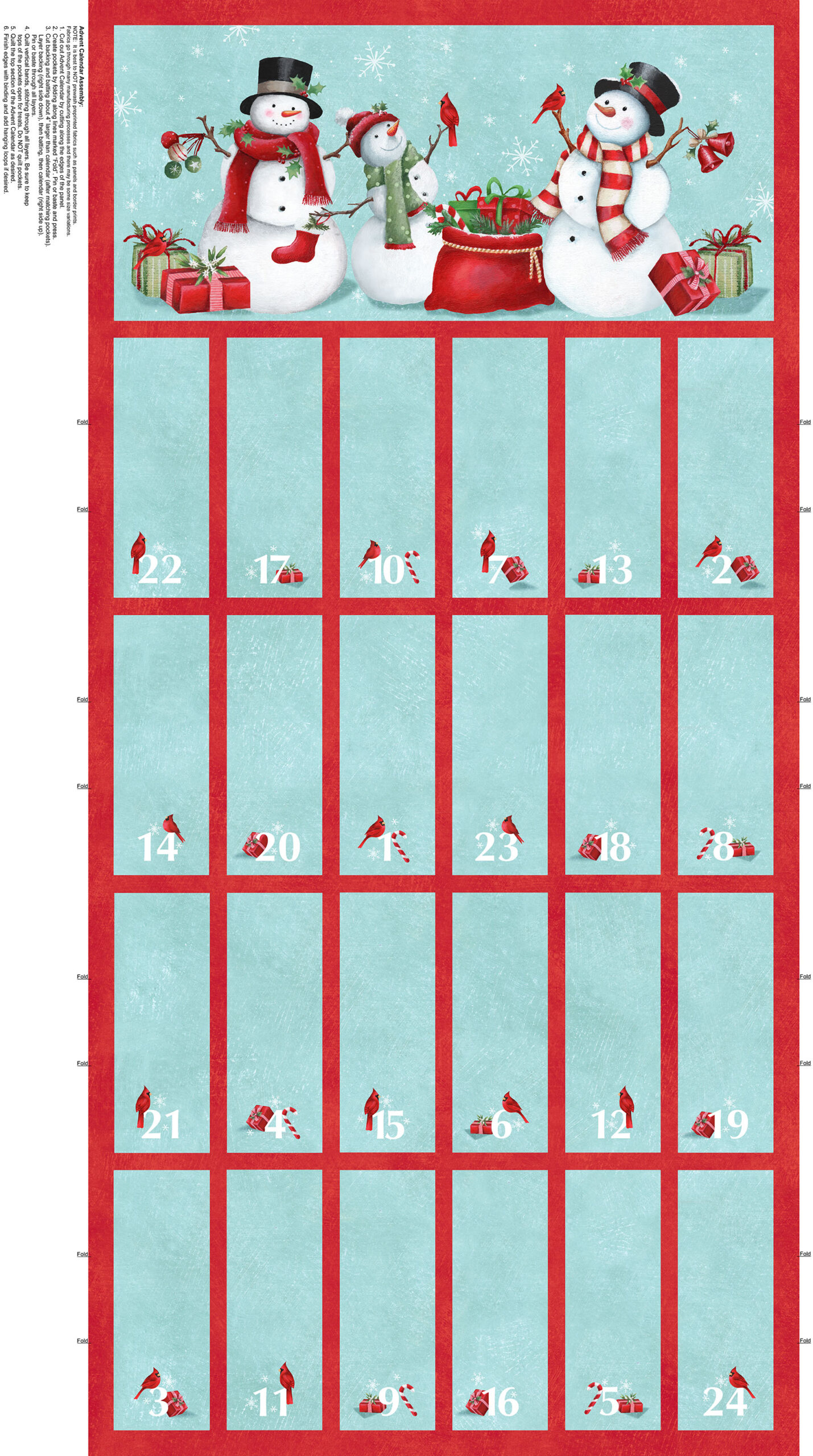 an image of a rectangular panel of fabric printed with a red grid with numbers 1 to 24, to be made into a fabric advent calendar