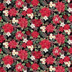 an image of black fabric with a pattern of red and white poinsettias and snowflakes