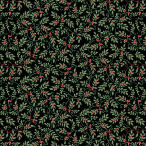an image of black fabric with an allover pattern of small holly clusters