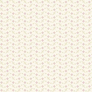 an image of cream colored fabric with a geometric pattern of groups of 4 small red dots and small beige dots and swirls