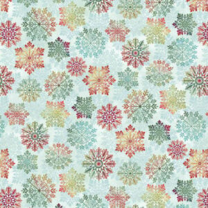 an image of light blue fabric with a pattern of tossed feathery snowflakes in bright colors