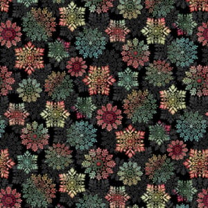 an image of black fabric with a pattern of tossed feathery snowflakes in bright colors