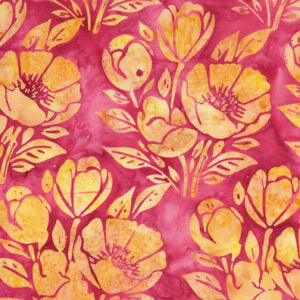 an image of dark pink batik fabric with a directional print of yellow poppies and leaves