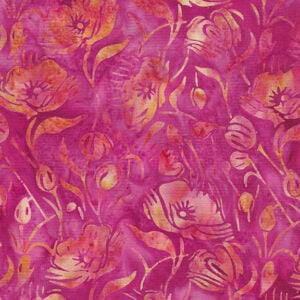 an image of dark pink batik fabric with a directional print of poppies and leaves