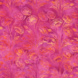an image of dark pink fabric with a directional print of poppies with long stems in orange