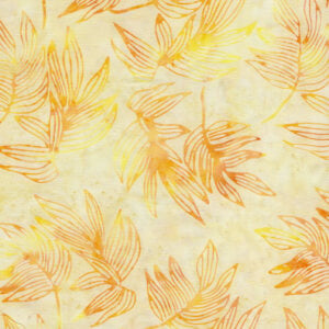 an image of yellow batik fabric with a pattern of darker yellow tossed leaves