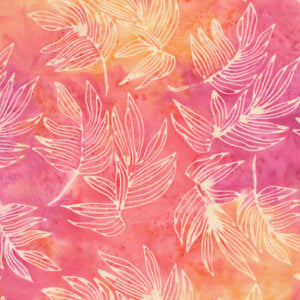 an image of pink and yellow batik fabric with a pattern of light yellow tossed leaves