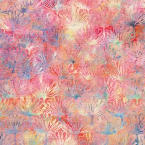 an image of yellow and blue batik fabric with an allover pattern of pink and orange fans