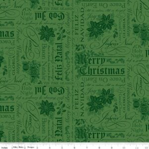 an image of green fabric with a collage-style pattern of text holiday greetings