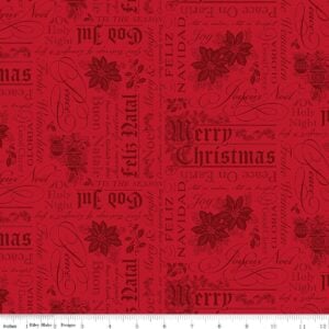 an image of red fabric with a collage-style pattern of text holiday greetings