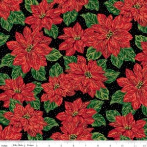 an image of black fabric with a pattern of poinsettia clusters in red and green with gold foil accents