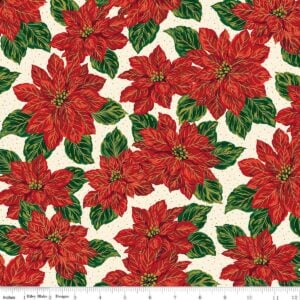 an image of cream colored fabric with a pattern of poinsettia clusters in red and green with gold foil accents