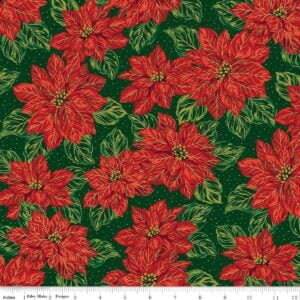 an image of green fabric with a pattern of poinsettia clusters in red and green with gold foil accents