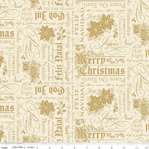an image of cream colored fabric with a collage-style pattern of text holiday greetings