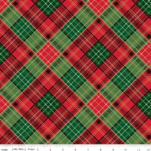 an image of red and green diagonal plaid with gold foil highlights