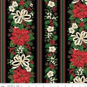 an image of black fabric with a large stripe pattern containing poinsettias, holly, mistletoe, and white ribbon bows