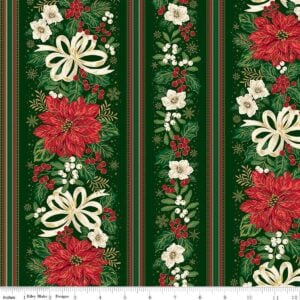 an image of green fabric with a large stripe pattern containing poinsettias, holly, mistletoe, and white ribbon bows