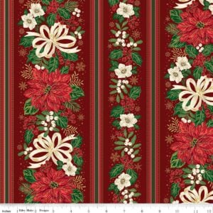 an image of red fabric with a large stripe pattern containing poinsettias, holly, mistletoe, and white ribbon bows