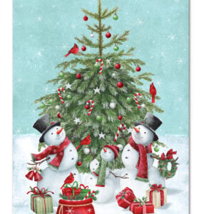 an image of a fabric panel printed with a scene of snowmen decorating a pine tree in the snow